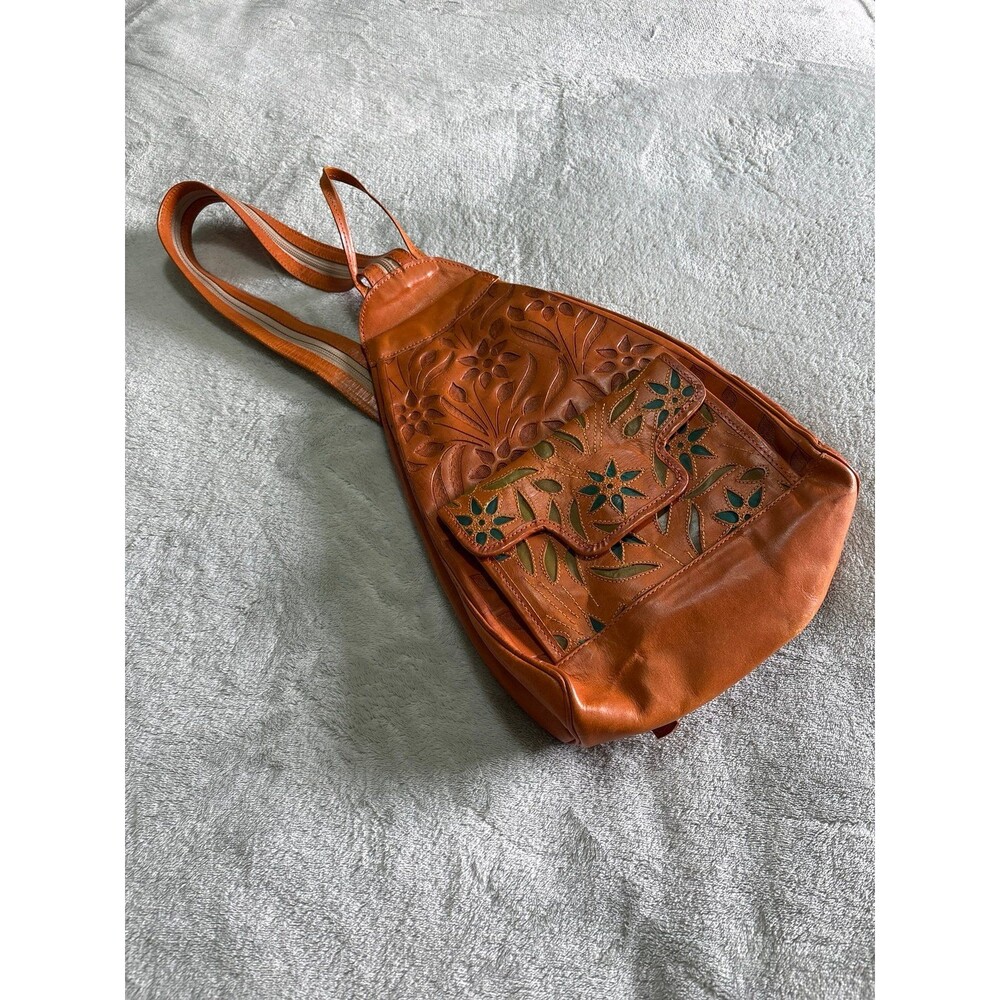 Genuine leather teardrop sling back backpack Paraguay brown floral western boho